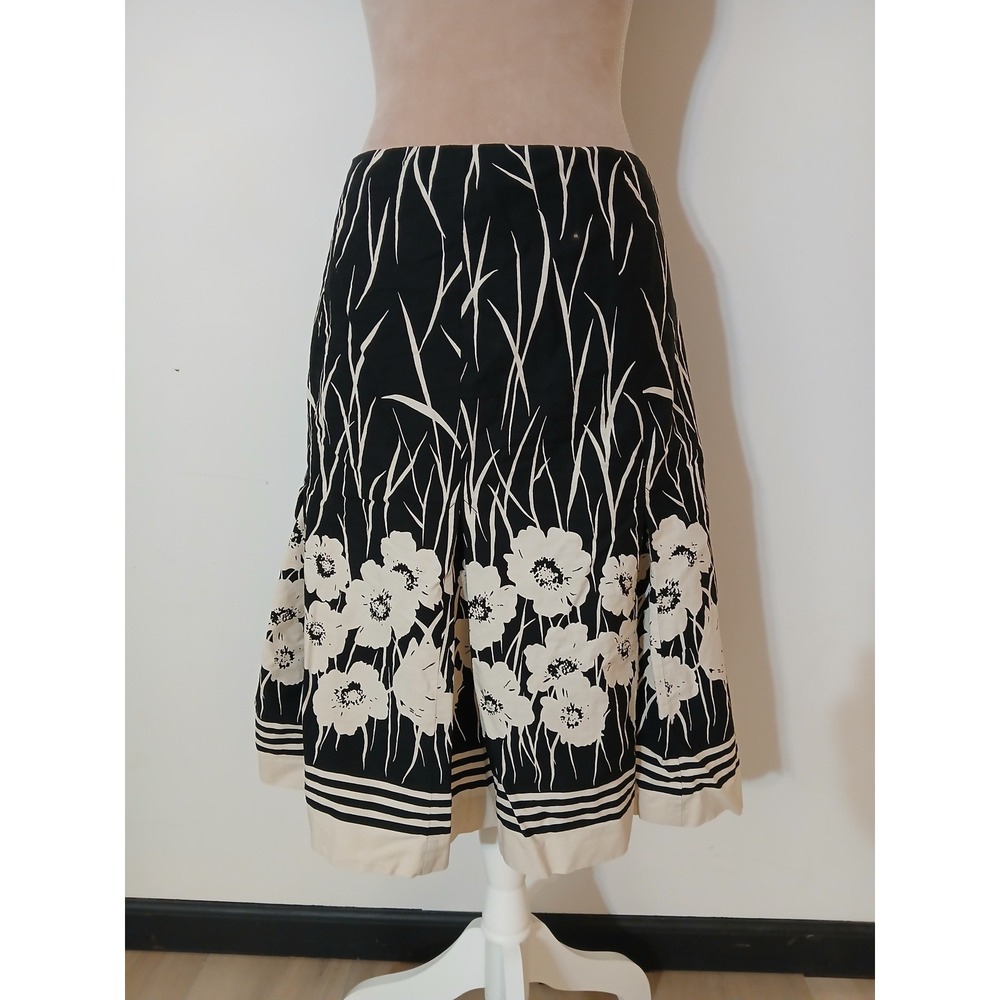 Villager Liz Claiborne Black Cream Floral Cotton Midi Skirt Size 18 Striped Hem
